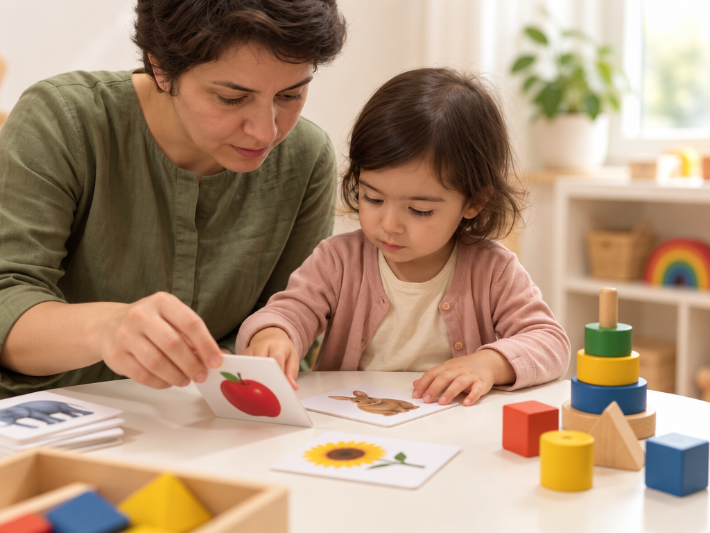 A parent and young child enjoying picture flash cards together at a Shichida class in Reading