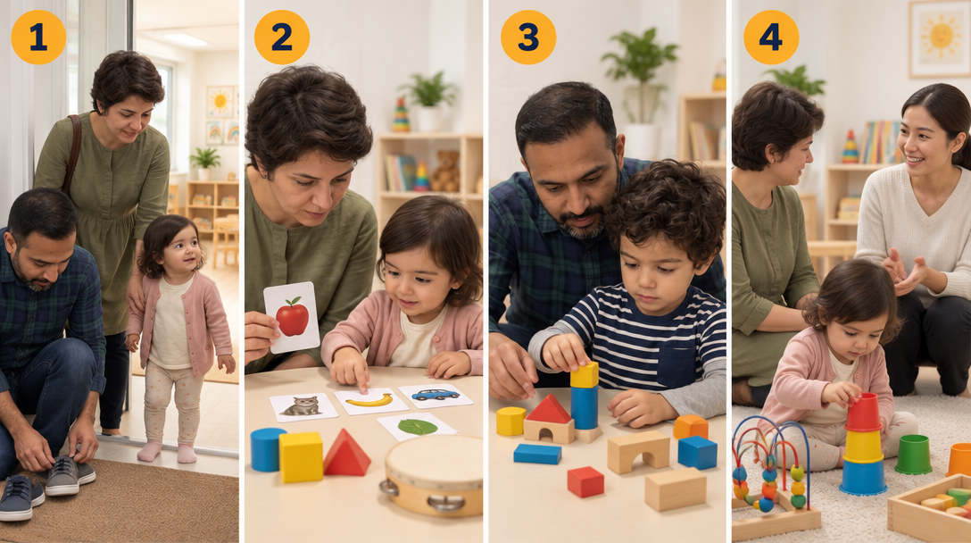 Four moments from a Shichida taster session: arriving, flash cards, building blocks and stacking play